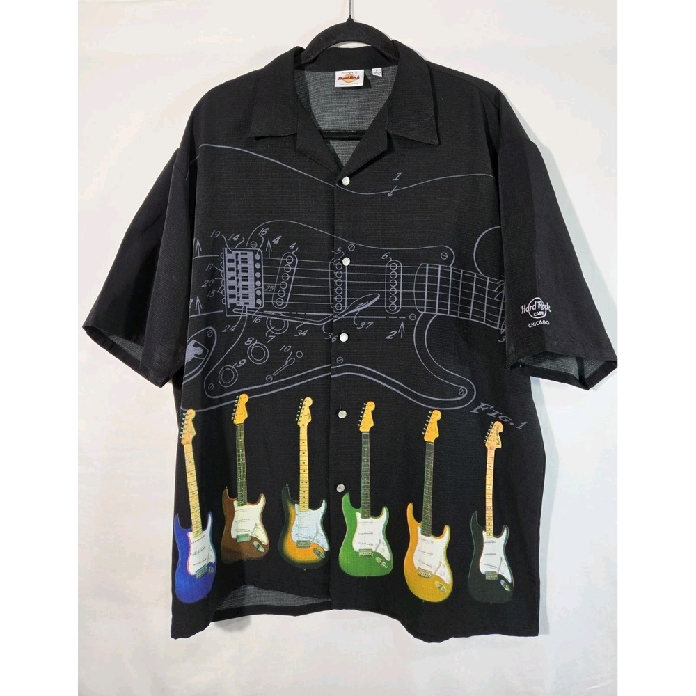 Hard Rock Cafe Chicago Shirt Mens Large Black Excellent Guitar Graphic Button Up